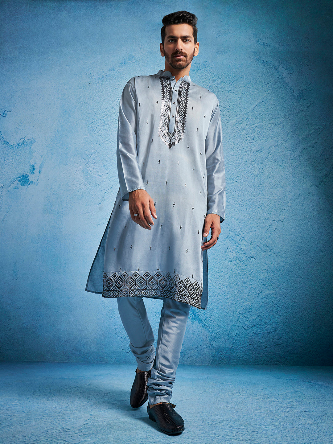 Men's Gray Silk Blend Straight Kurta