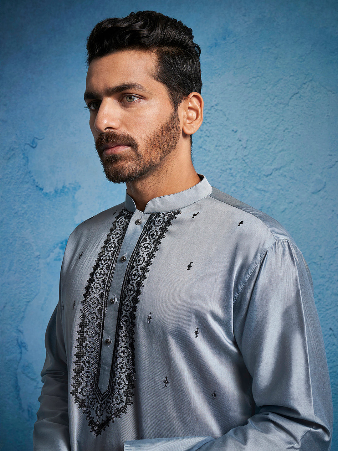 Men's Gray Silk Blend Straight Kurta