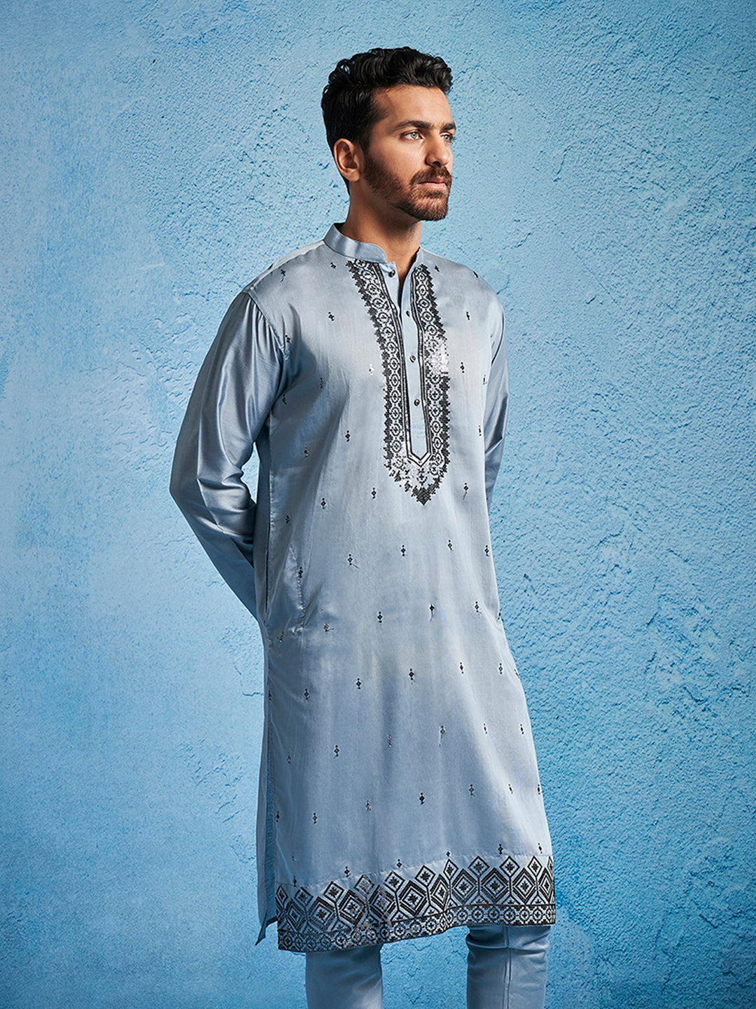 Men's Gray Silk Blend Straight Kurta