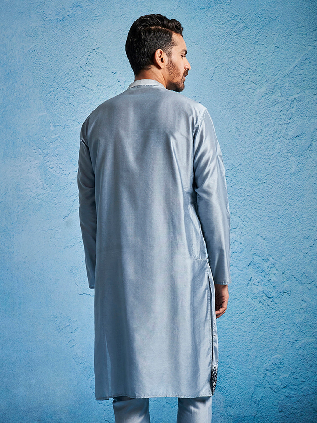 Men's Gray Silk Blend Straight Kurta