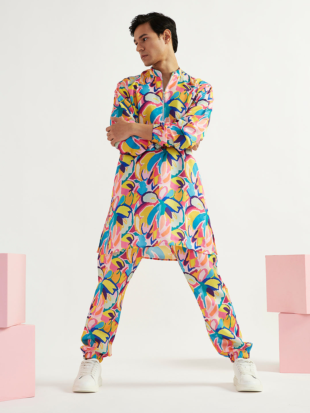 Men's Multicolour Crepe Straight Kurta And Pyjama Set