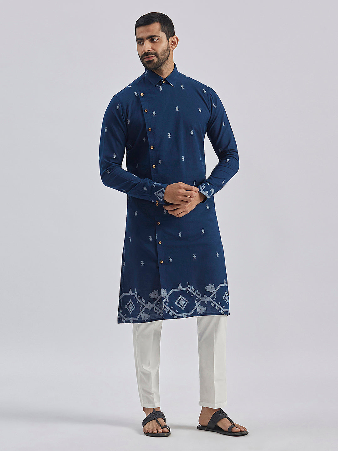 Men's Navy Blue Cotton Straight Kurta