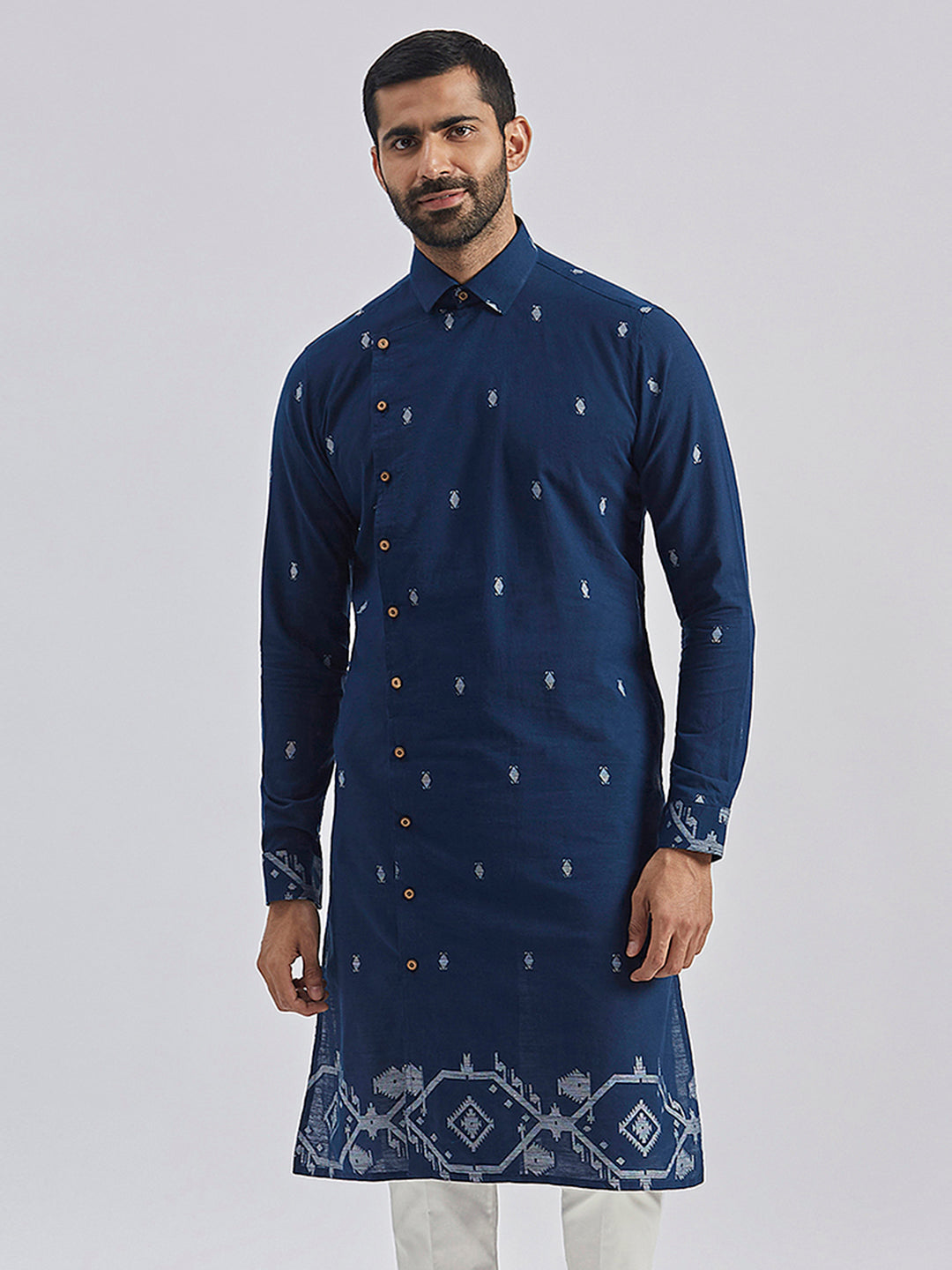 Men's Navy Blue Cotton Straight Kurta