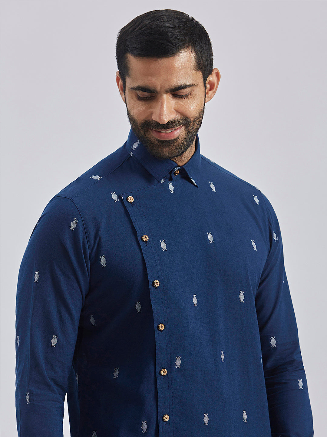 Men's Navy Blue Cotton Straight Kurta