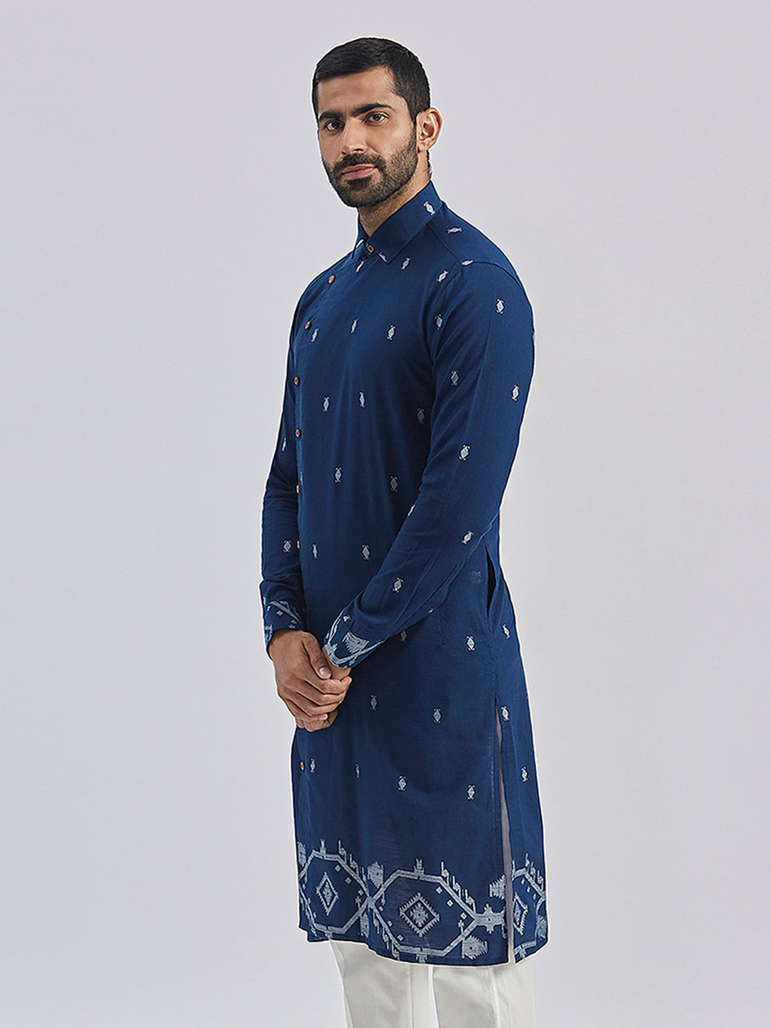 Men's Navy Blue Cotton Straight Kurta