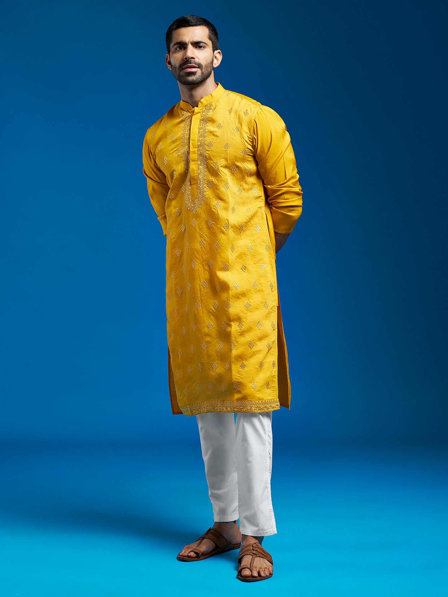 Men's Yellow Chanderi Straight Kurta And Pyjama Set