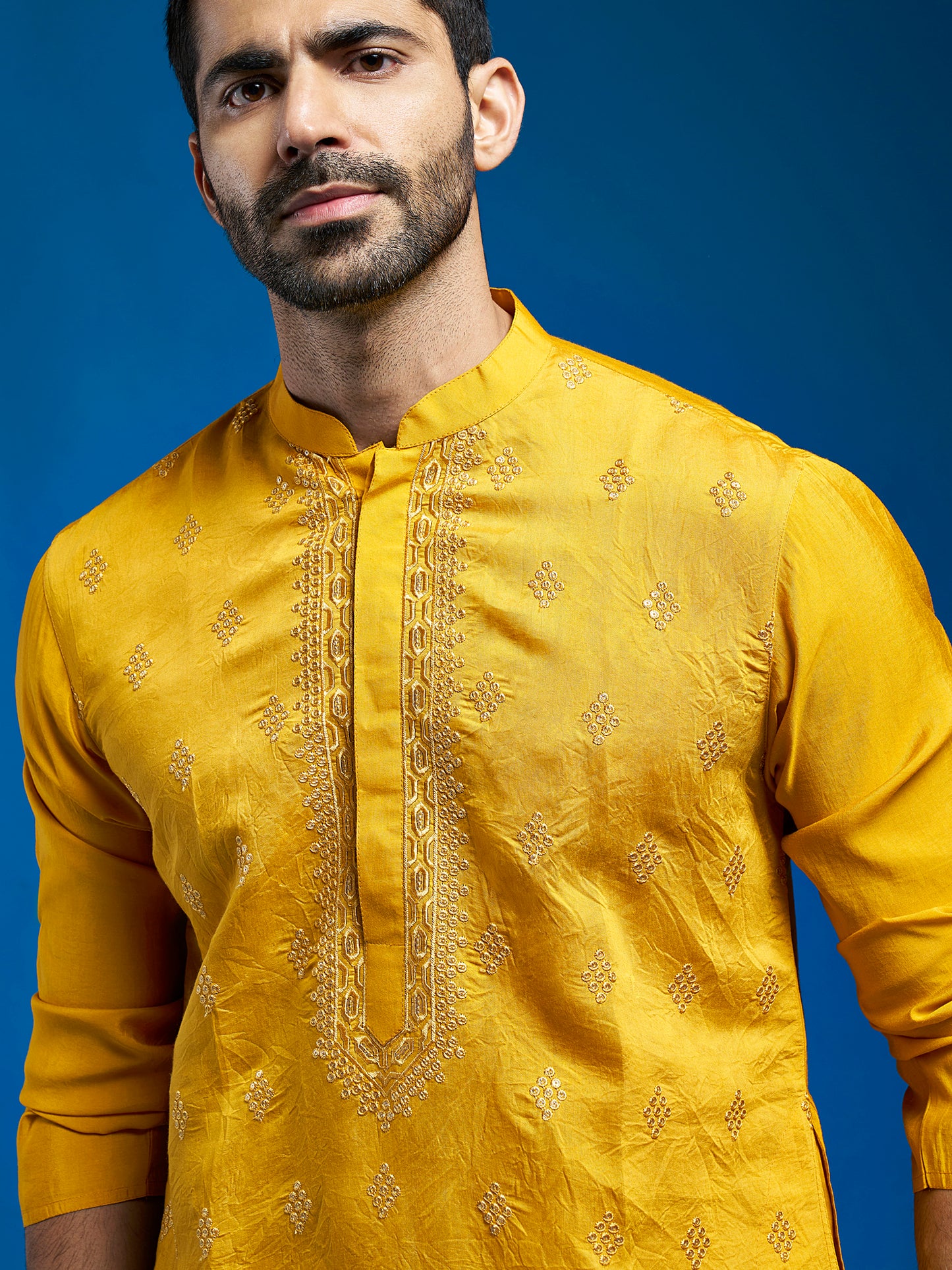 Men's Yellow Chanderi Straight Kurta And Pyjama Set