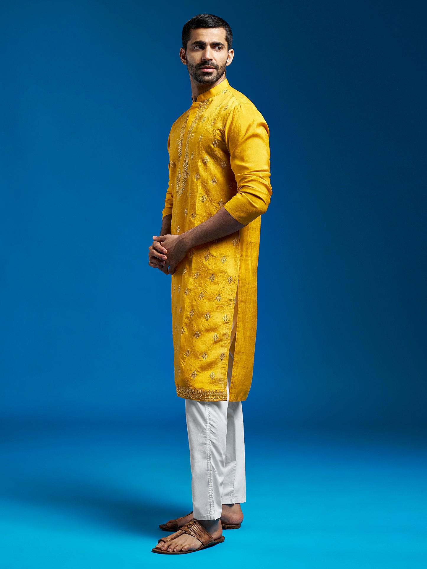 Men's Yellow Chanderi Straight Kurta And Pyjama Set