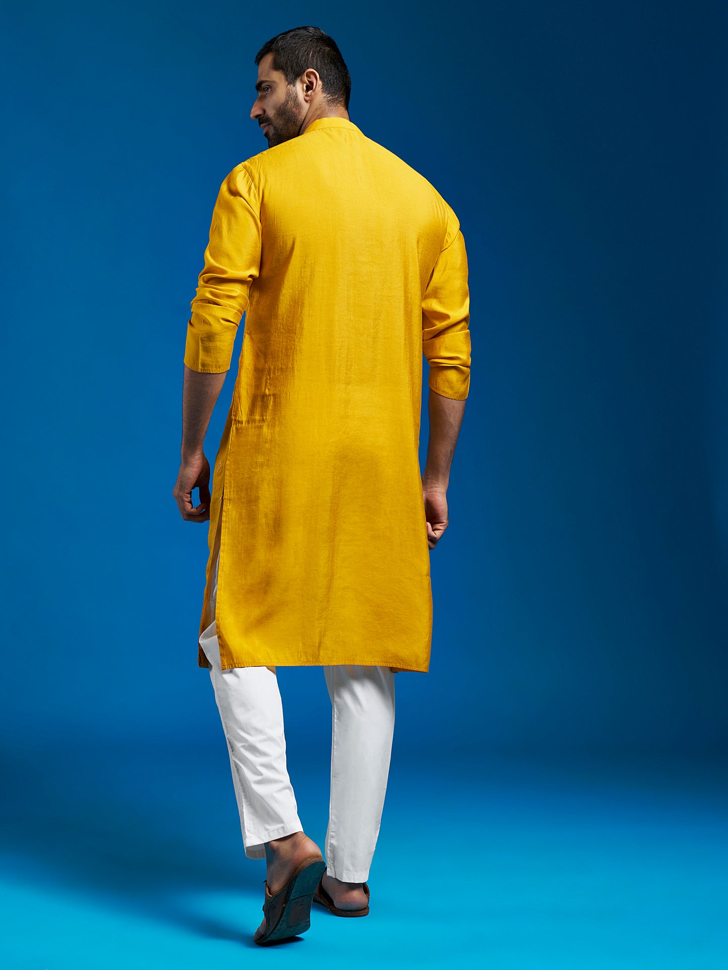Men's Yellow Chanderi Straight Kurta And Pyjama Set