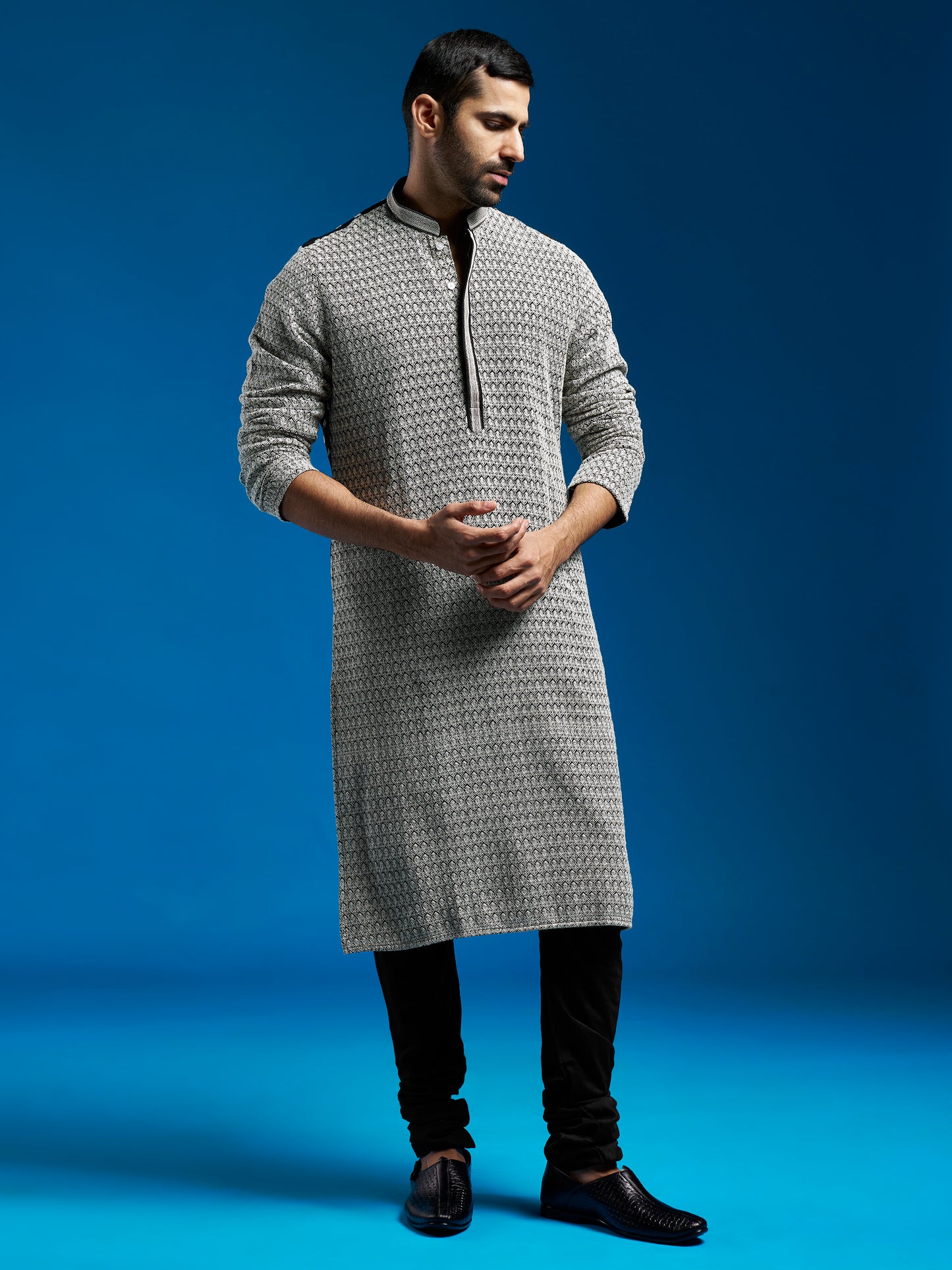 Men's Black Georgette Straight Kurta