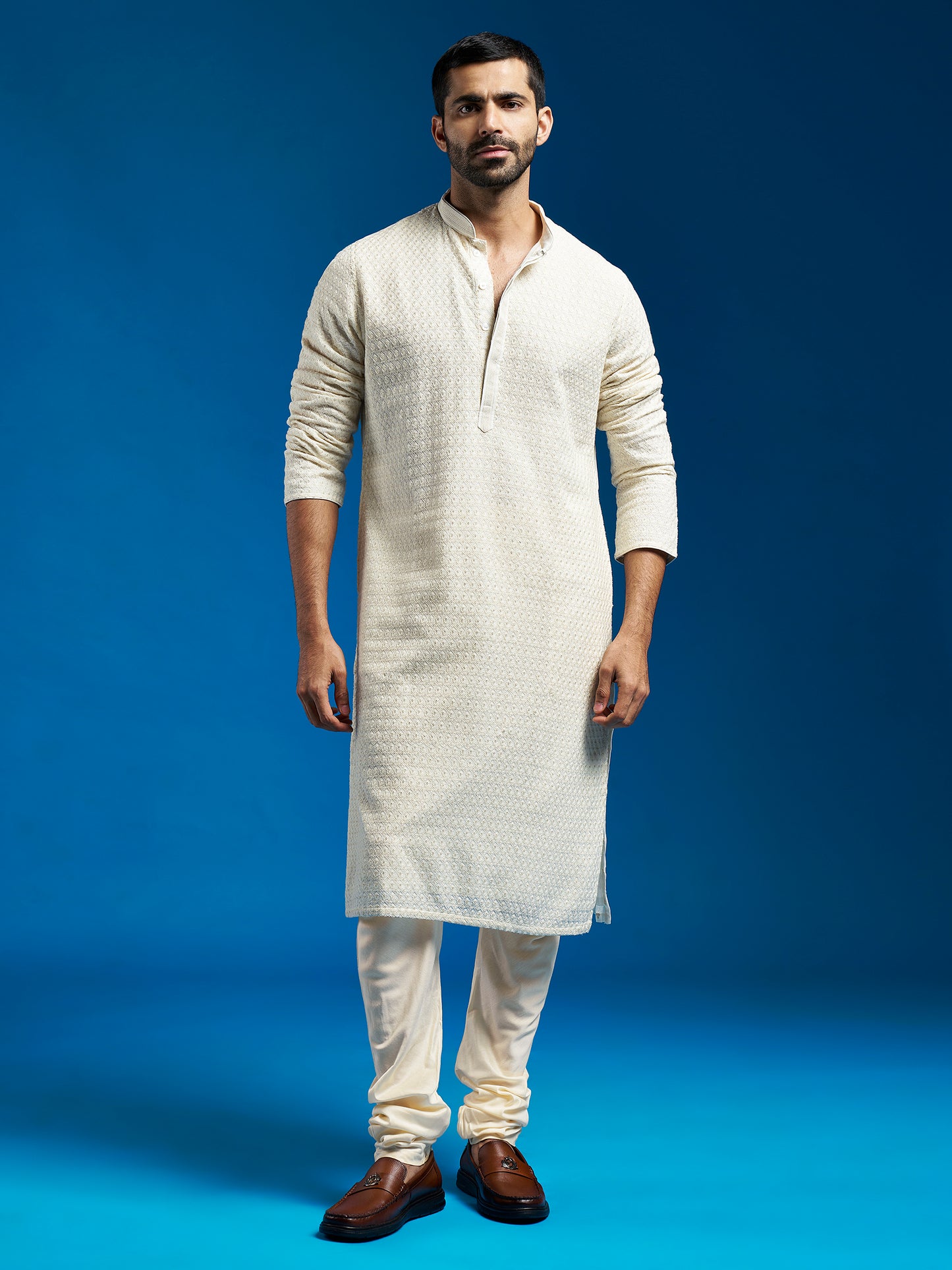 Men's Cream Georgette Straight Kurta And Pyjama Set