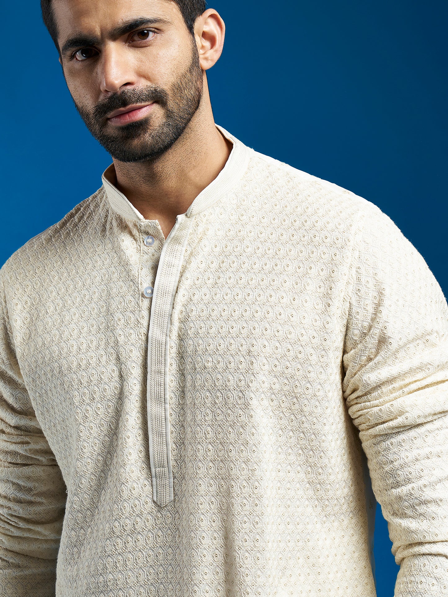 Men's Cream Georgette Straight Kurta And Pyjama Set
