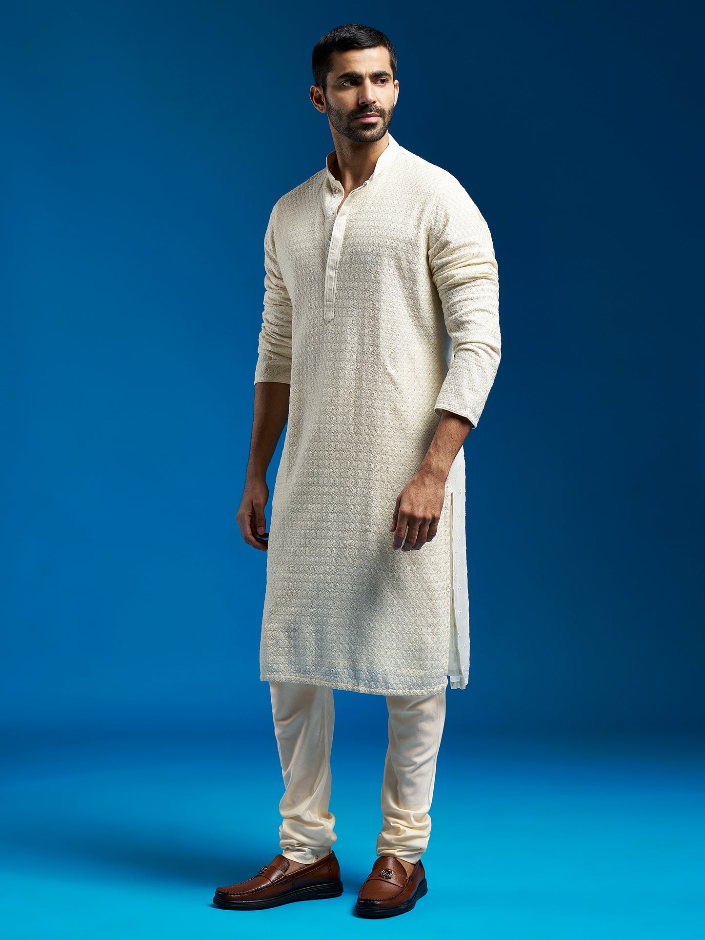 Men's Cream Georgette Straight Kurta And Pyjama Set