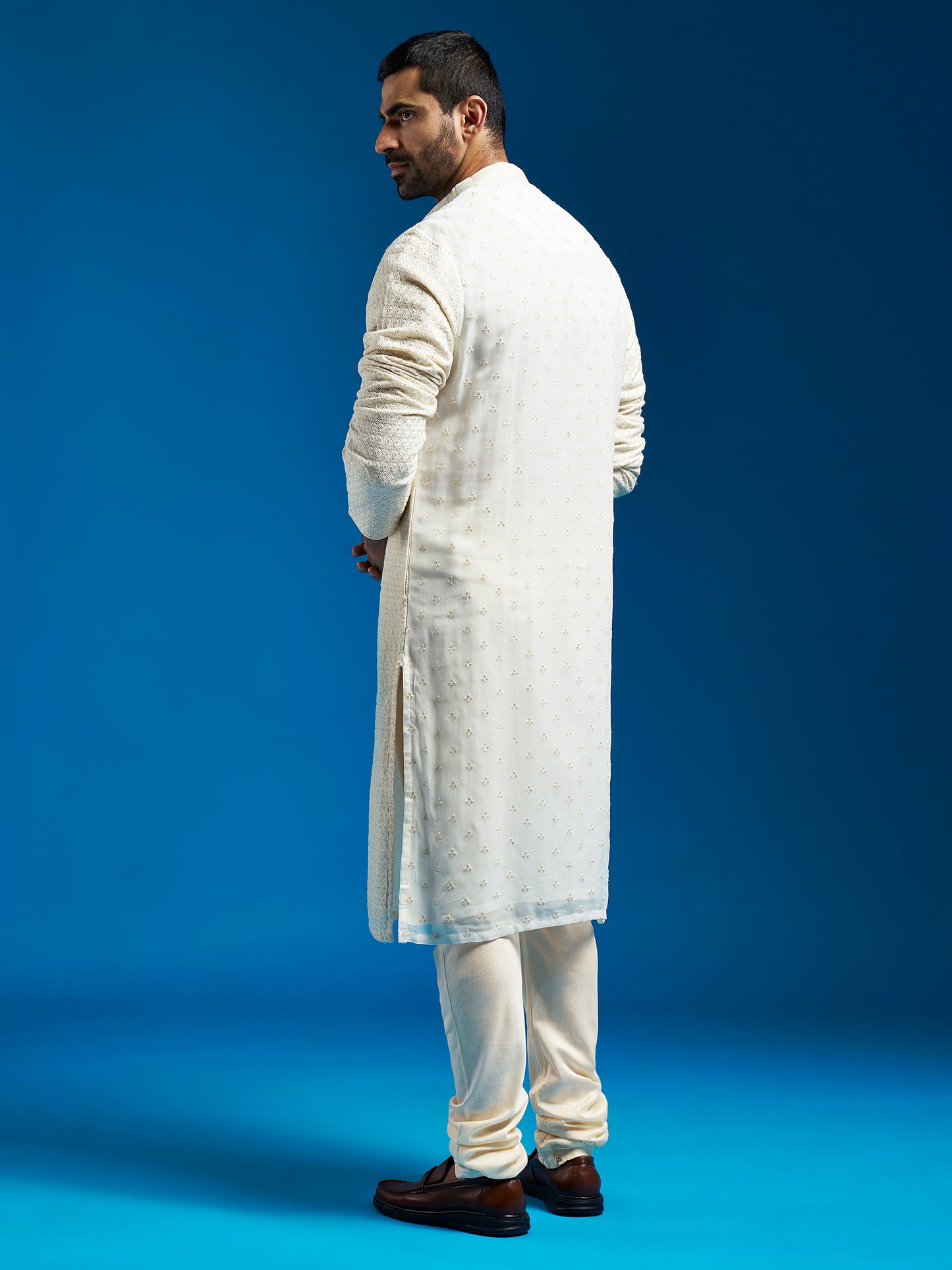 Men's Cream Georgette Straight Kurta And Pyjama Set