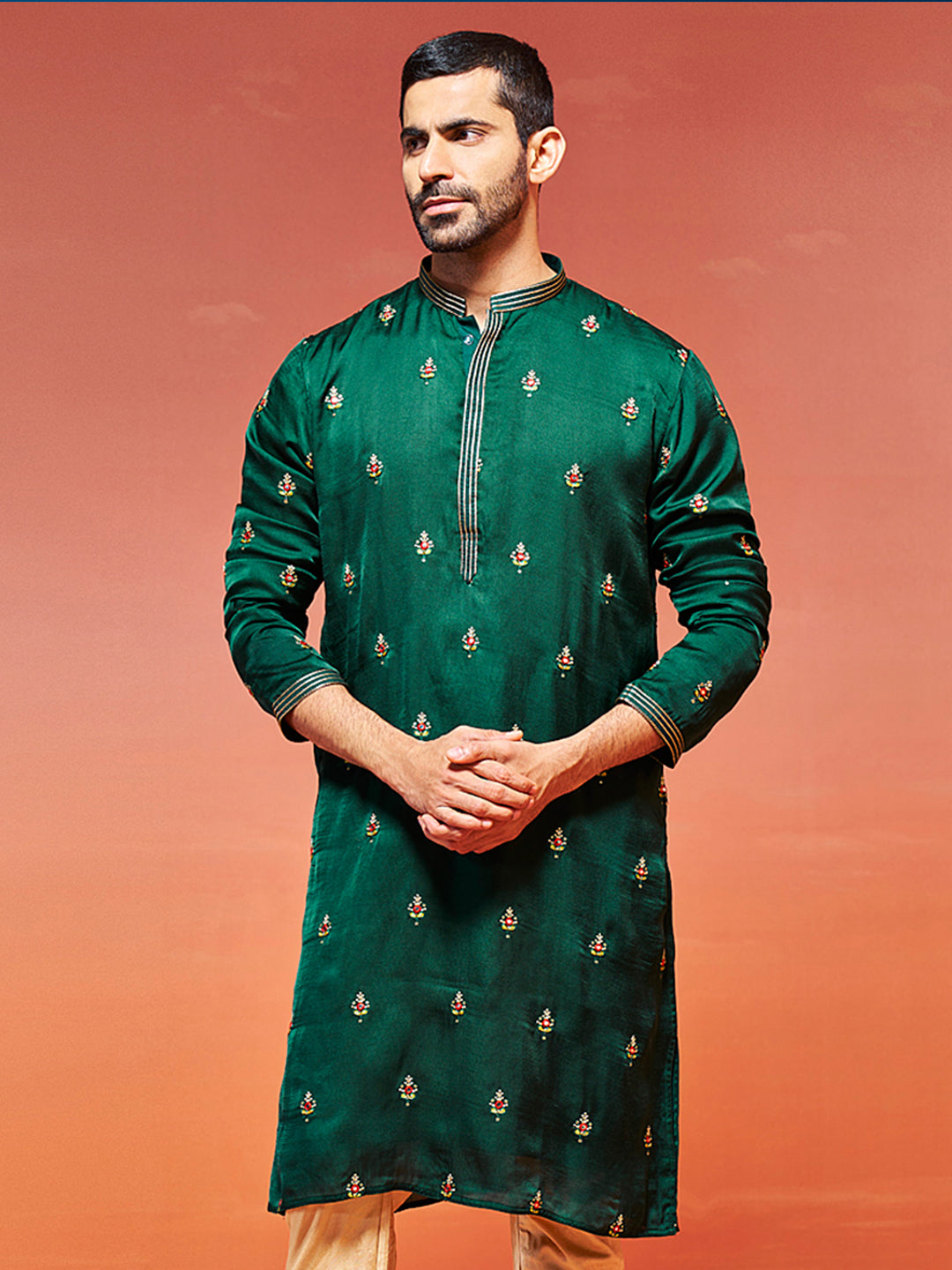 Men's Bottle Green Silk Blend Straight Kurta