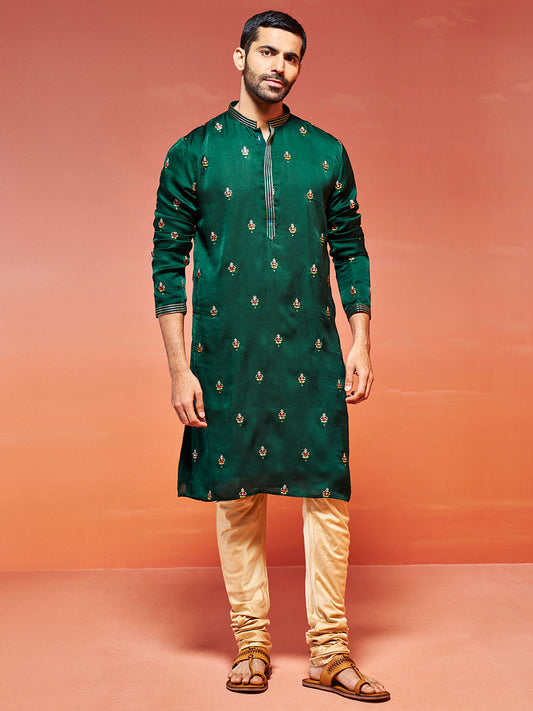 Men's Bottle Green Silk Blend Straight Kurta And Pyjama Set