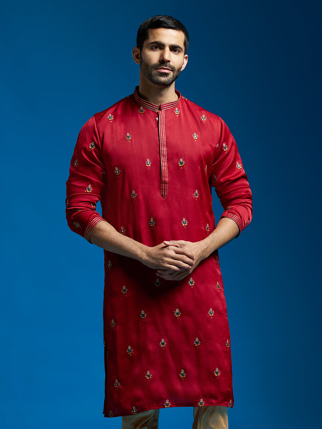 Men's Maroon Silk Blend Straight Kurta And Pyjama Set