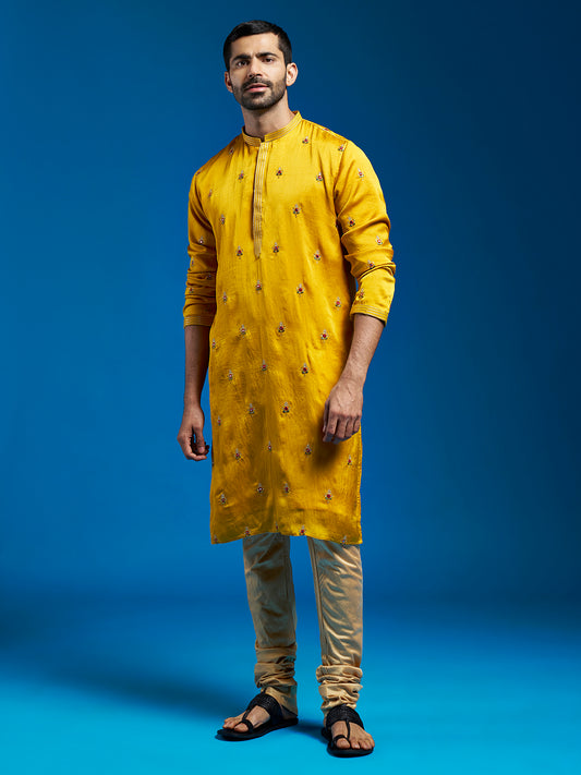 Men's Mustard Silk Blend Straight Kurta And Pyjama Set