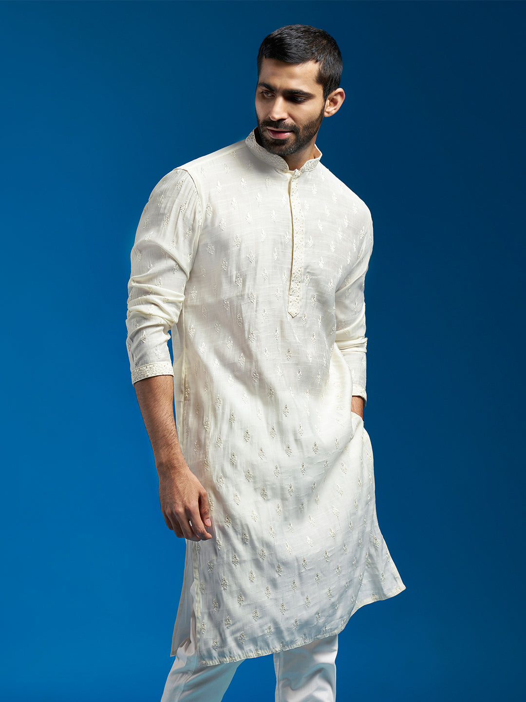 Men's Cream Silk Blend Straight Kurta