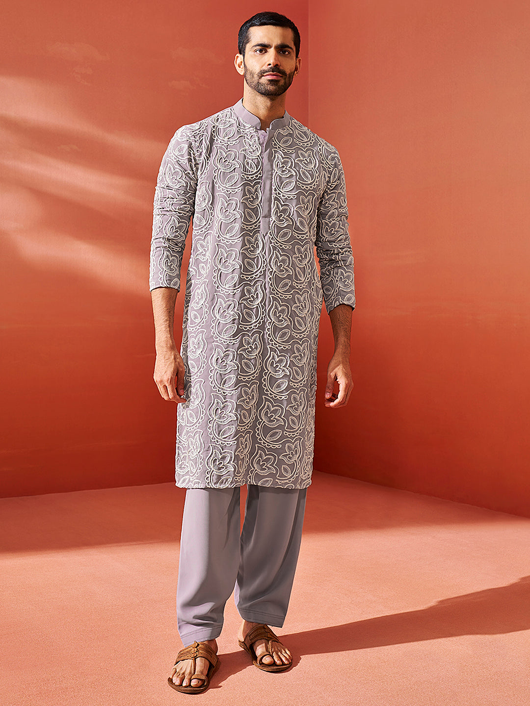 Men's Levender Georgette Straight Kurta And Patiala Set
