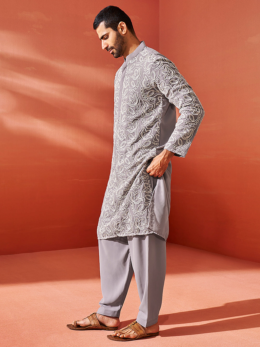 Men's Levender Georgette Straight Kurta And Patiala Set