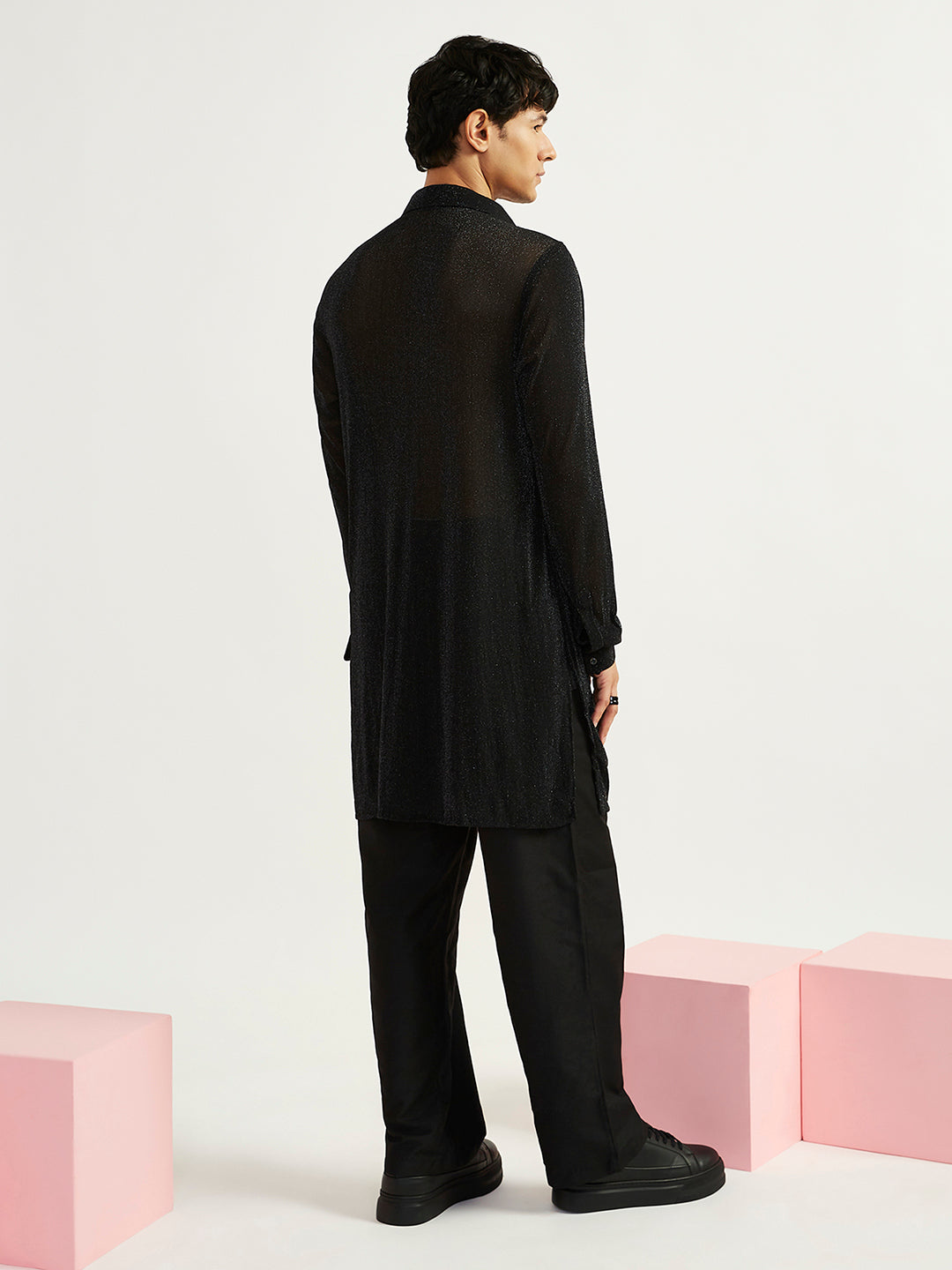 Men's Black Lycra Straight Kurta And Pyjama Set