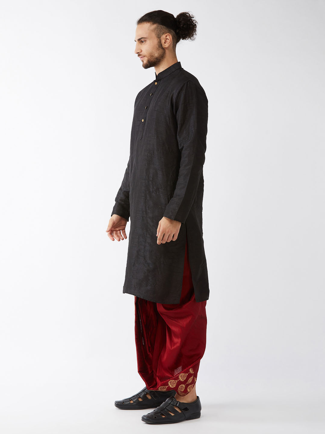 Men's Black Silk Blend Straight Kurta and Dhoti Set