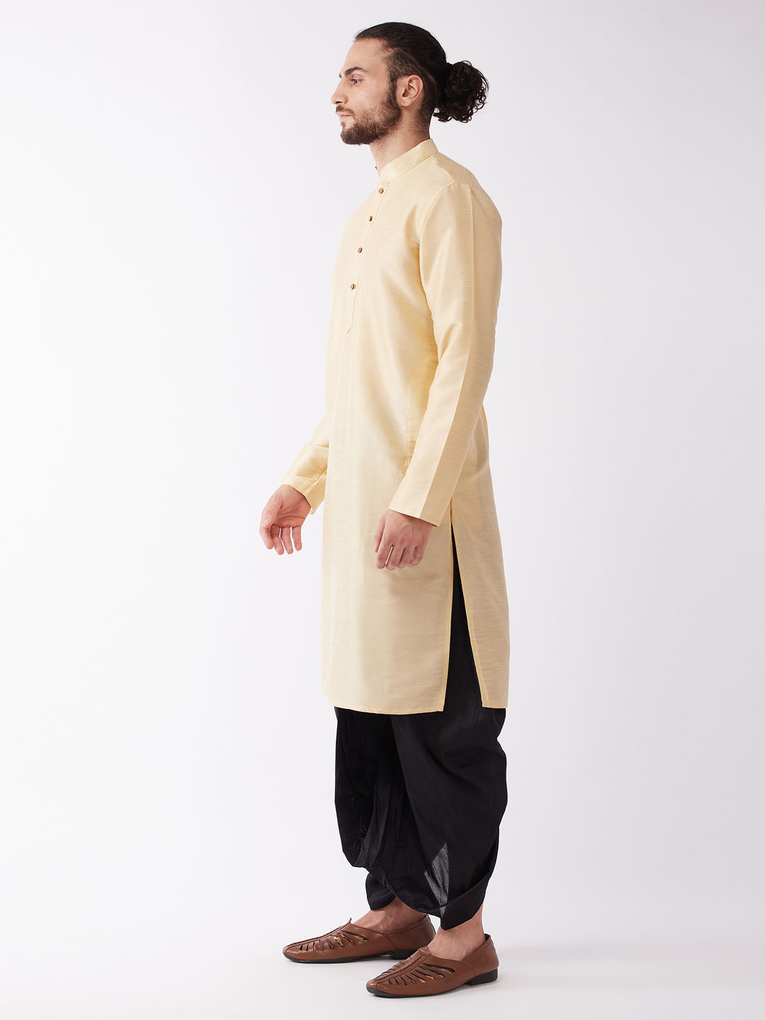 Men's Gold Silk Blend Straight Kurta and Dhoti Set