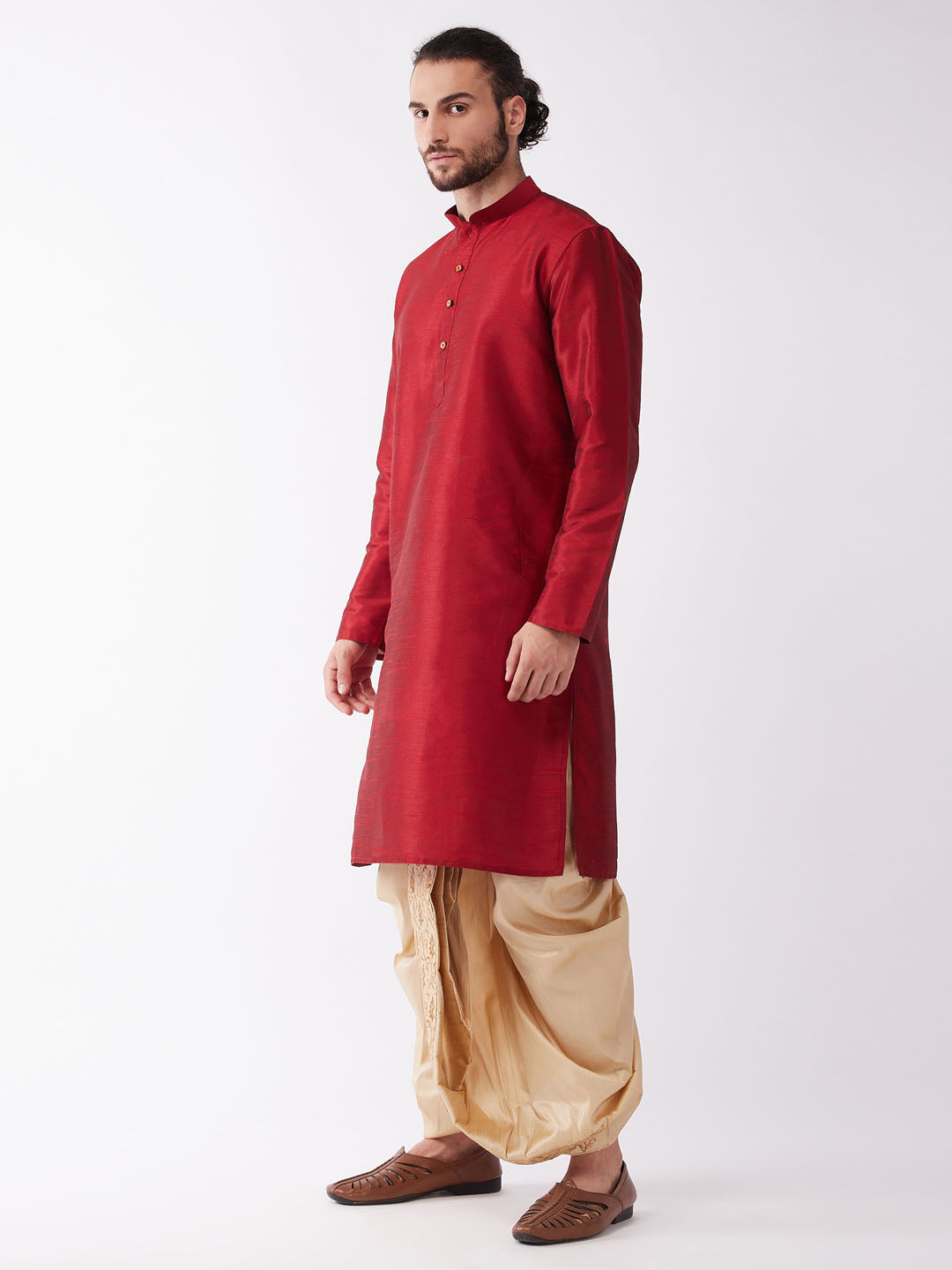 Men's Maroon Silk Blend Straight Kurta and Dhoti Set