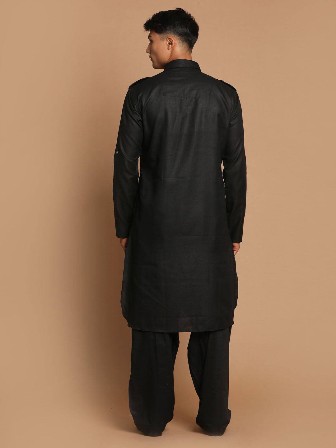 Men's Black Cotton Blend Pathani Pathani Kurta Set