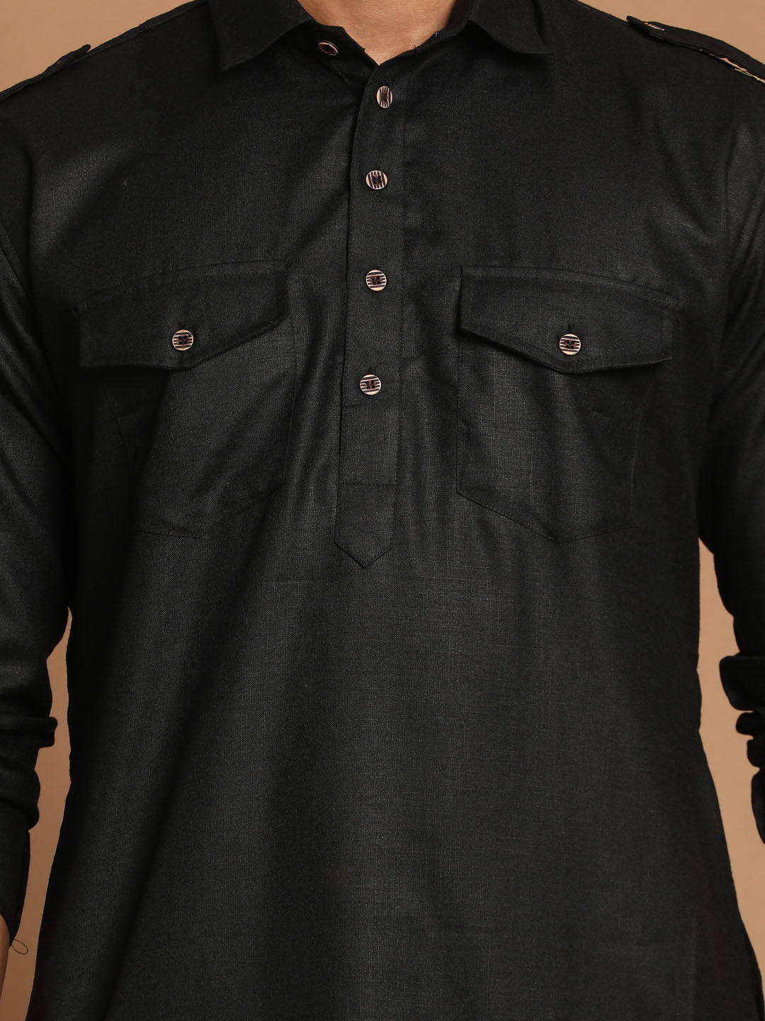 Men's Black Cotton Blend Pathani Pathani Kurta Set