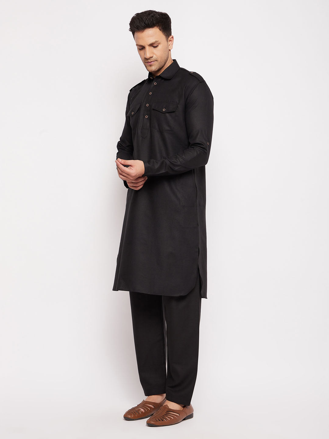 Men's Black Cotton Blend Straight Kurta Pyjama Set