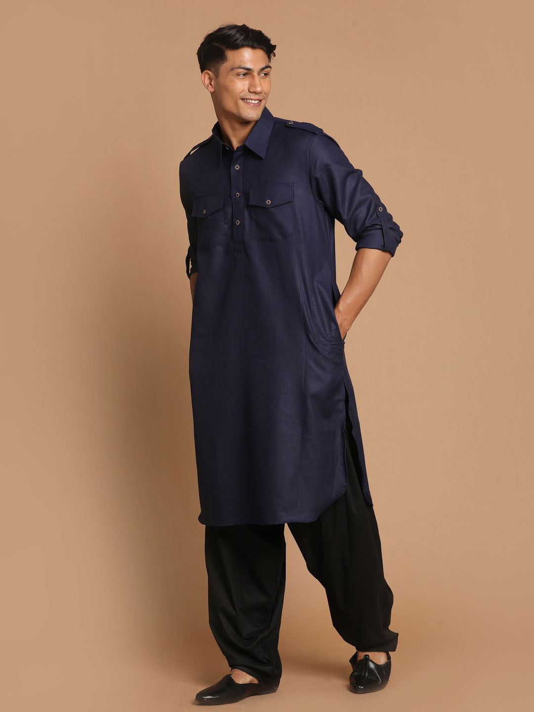 Men's Blue Cotton Blend Pathani Pathani Kurta Set