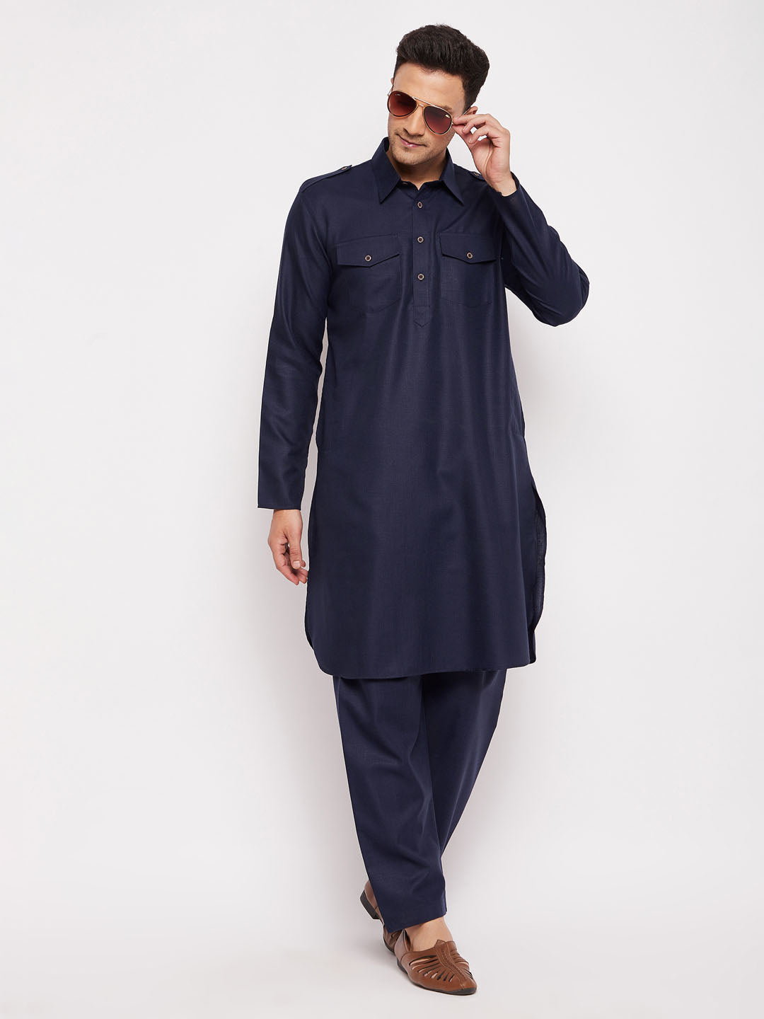 Men's Blue Cotton Blend Pathani Kurta Pyjama Set