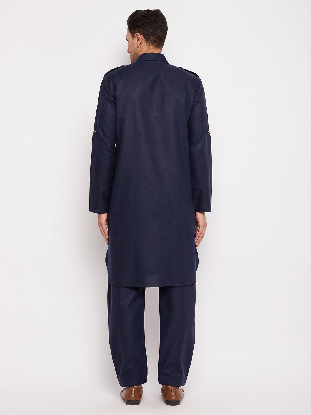 Men's Blue Cotton Blend Pathani Kurta Pyjama Set