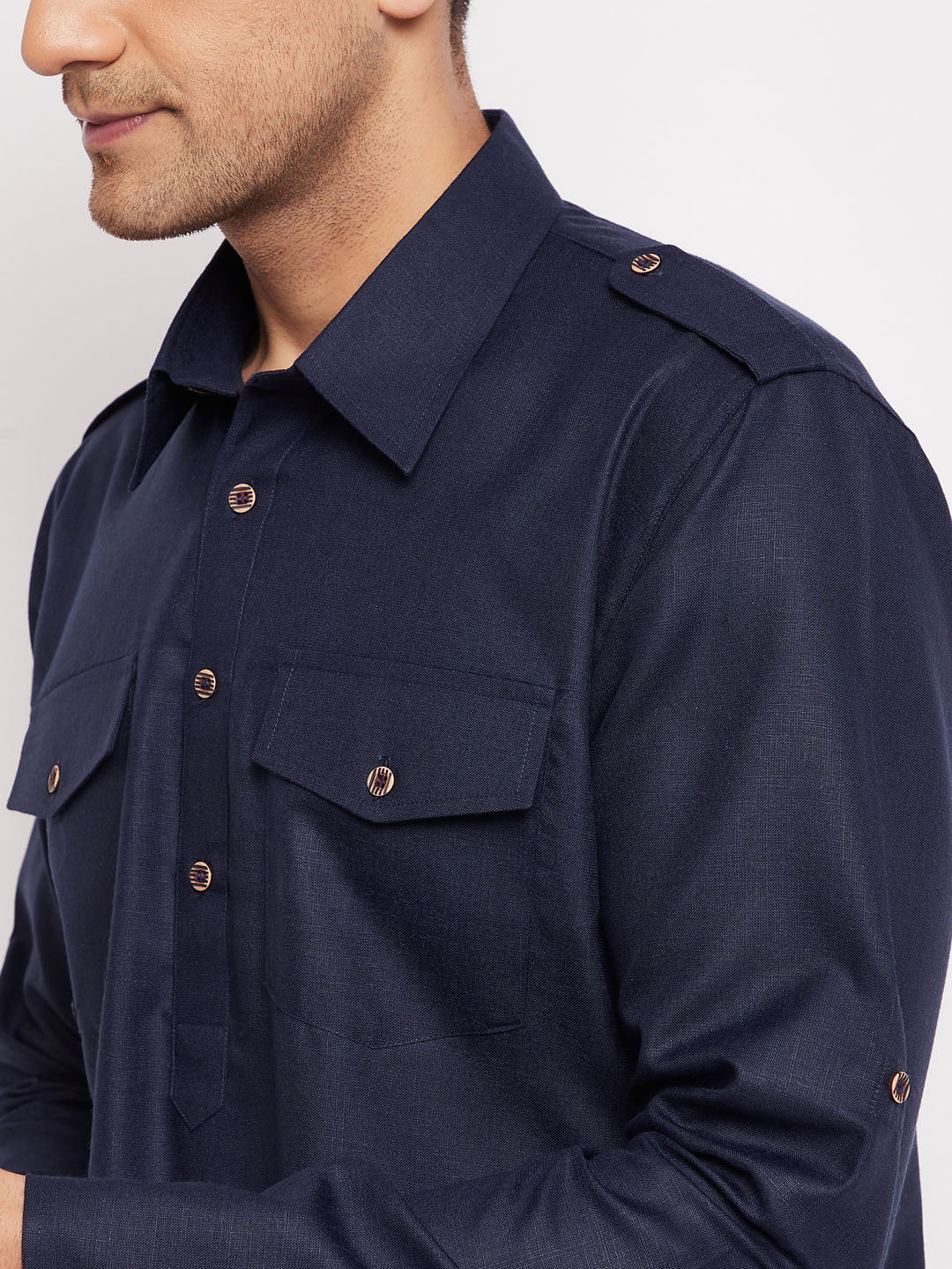 Men's Blue Cotton Blend Pathani Kurta Pyjama Set
