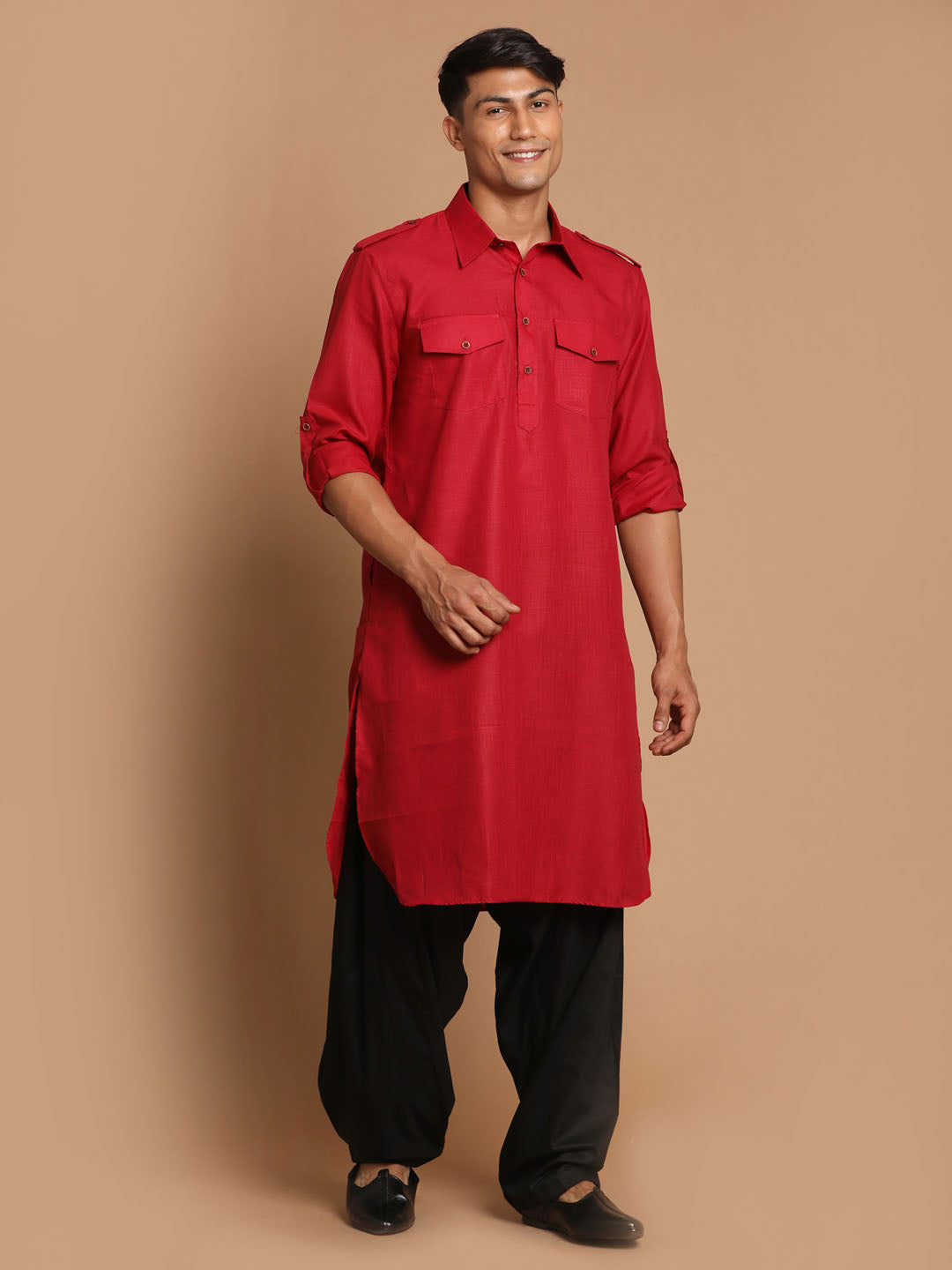 Men's Maroon Cotton Blend Pathani Pathani Kurta Set