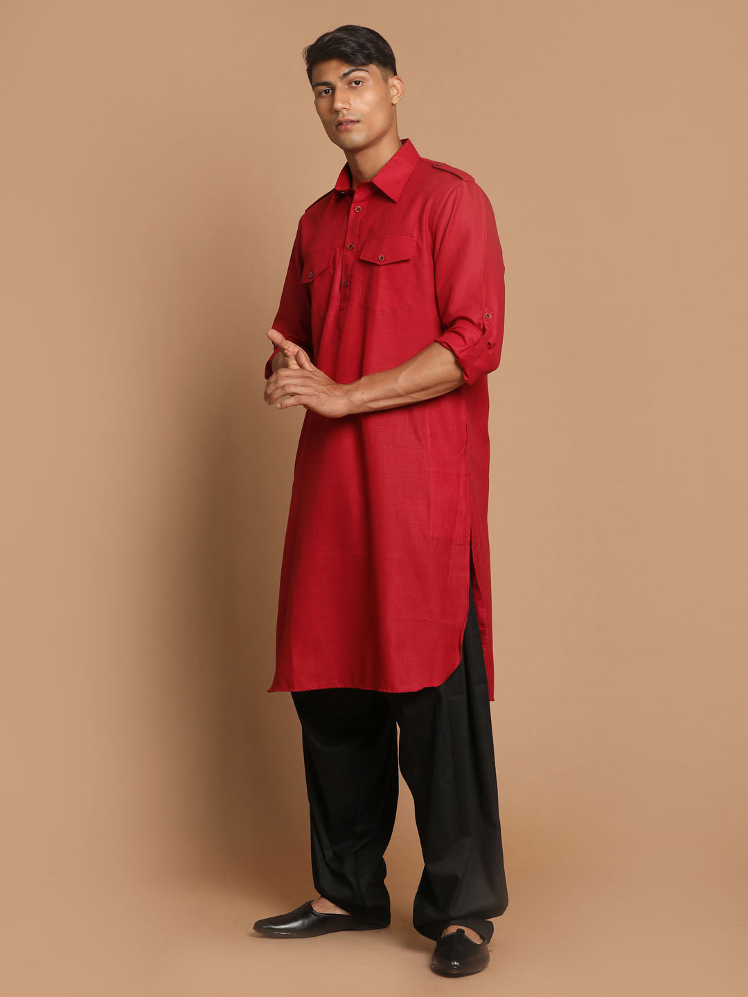 Men's Maroon Cotton Blend Pathani Pathani Kurta Set