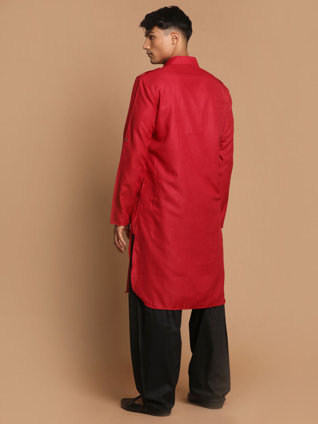Men's Maroon Cotton Blend Pathani Pathani Kurta Set
