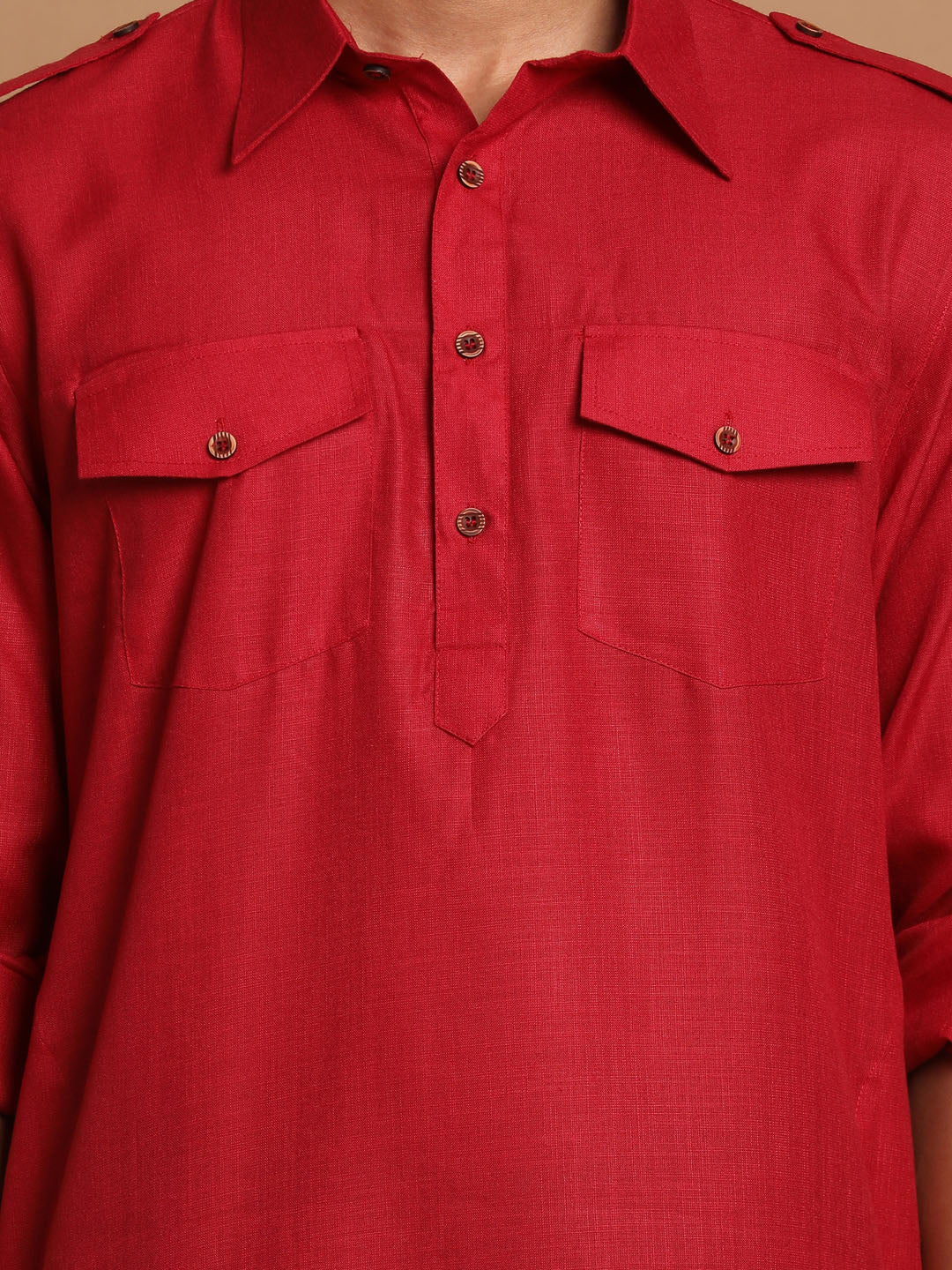 Men's Maroon Cotton Blend Pathani Pathani Kurta Set