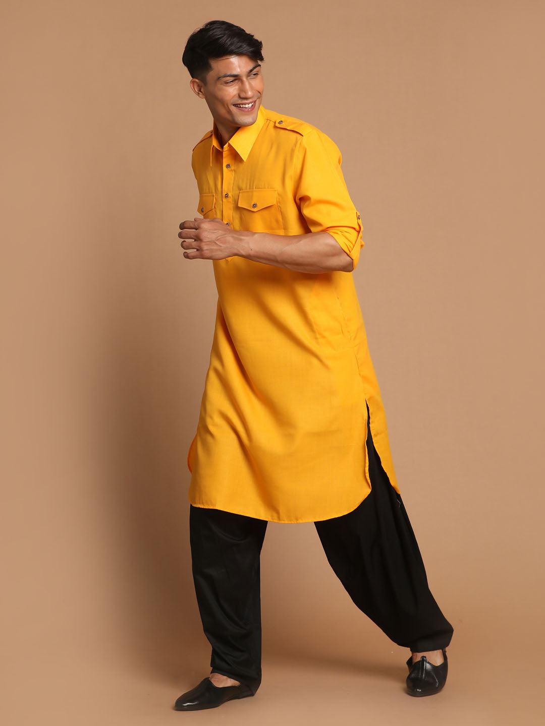 Men's Mustard Cotton Blend Pathani Pathani Kurta Set