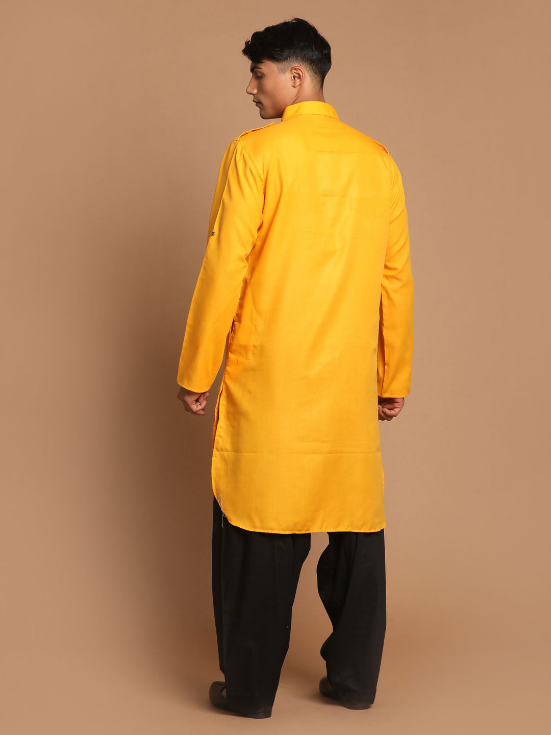 Men's Mustard Cotton Blend Pathani Pathani Kurta Set