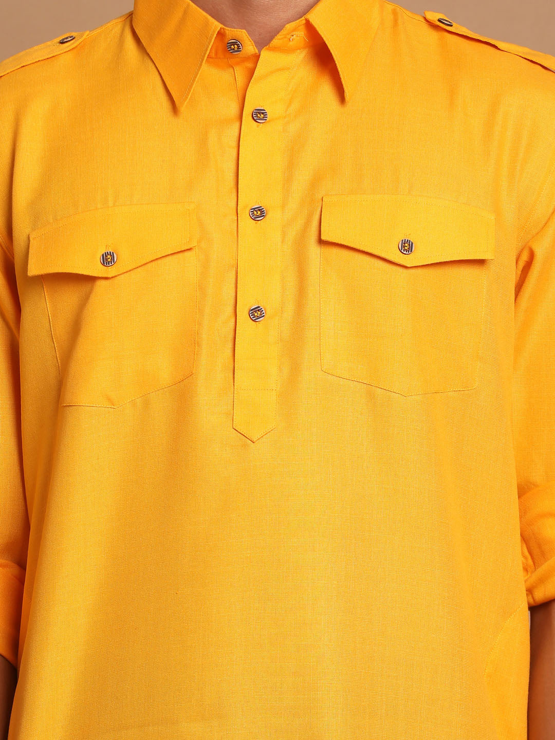 Men's Mustard Cotton Blend Pathani Pathani Kurta Set