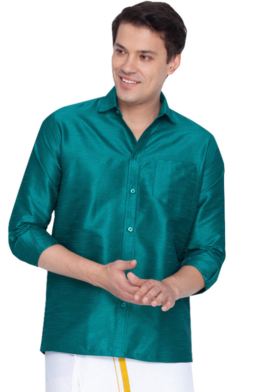 Men's Blue Silk Blend Straight Ethnic Shirt