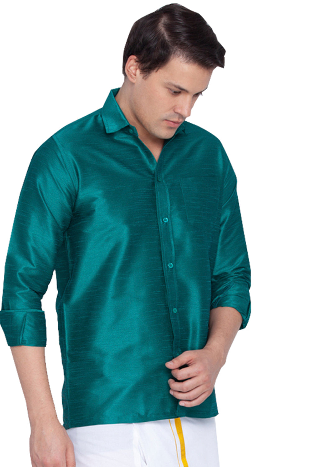 Men's Green Silk Blend Straight Ethnic Shirt