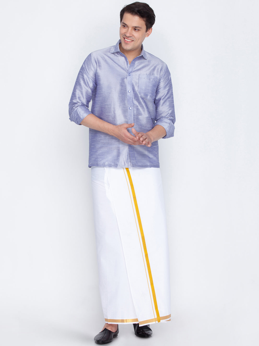 Men's Lavender Silk Blend Straight Shirt And Mundu