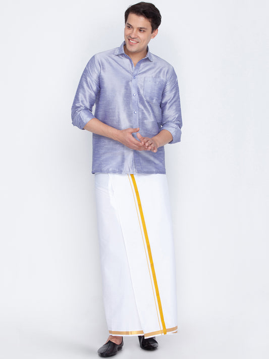 Men's Lavender Silk Blend Straight Shirt And Mundu