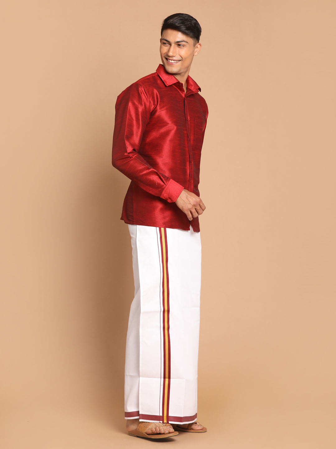 Men's Maroon Silk Blend Straight Shirt And Mundu