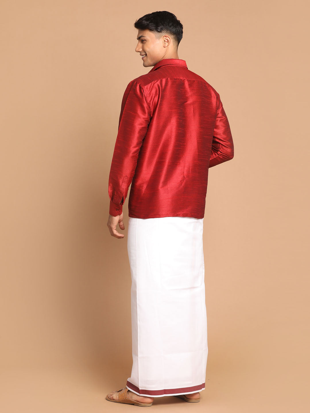 Men's Maroon Silk Blend Straight Shirt And Mundu