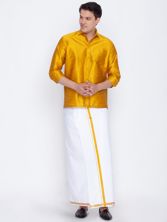 Men's Mustard Silk Blend Straight Shirt And Mundu